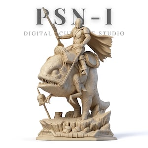 Könnte beinhalten: Beigefarbene Figur eines Charakters, der auf einem Wesen reitet, mit dem Text "PSN-I DIGITAL CULTURE STUDIO" oben. Der Charakter trägt eine Rüstung und einen Umhang und hält einen Speer. Das Wesen hat einen großen Kopf und Zähne.