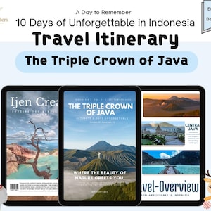 Puede incluir: Tres tabletas digitales que muestran un itinerario de viaje para Indonesia, titulado "The Triple Crown of Java". Las tabletas muestran imágenes de paisajes indonesios y texto que incluye "10 Days of Unforgettable in Indonesia" y "Travel Itinerary". Un rinoceronte y un ciervo están en las esquinas.