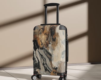 Maleta con diseño abstracto de mármol oscuro en espiral - Equipaje de lujo artístico de carcasa rígida, ruedas giratorias de 360°, maleta de mano de diseño duradero.