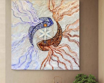Original Yin Yang Textured Wall Art 12x12 Sacred Geometry Spiritual Painting Blue Gold Abstract Canvas Zen Decor Yoga Meditation Room Gift