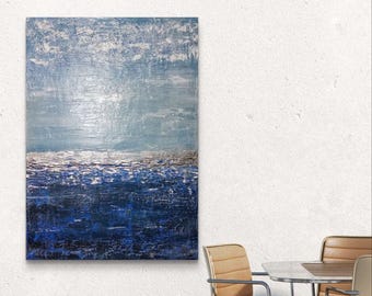 大型抽象アクリルテクスチャーウォールアート 20x28インチ 青と銀の絵画 モダンなリビングルーム装飾 オリジナルキャンバスアート コンテンポラリー 海と空