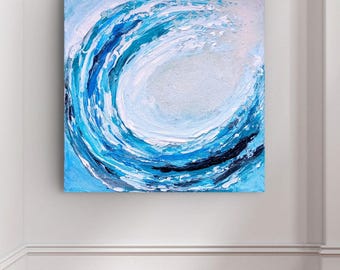 オリジナルの海の波の抽象画、テクスチャーのある厚塗りの壁掛けアート、青い海のパレットナイフアート作品、小さなモダンな海の風景、ビーチハウスの装飾