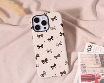 Beige et marron Bow Tough Coque pour iPhone 17 16e 16 15 14 13 12 Pro Max Plus Mini, brillante/mate Magsafe Coque pour iPhone 13 12 11 X XS XR SE