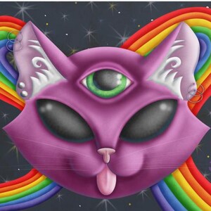 Psychedelic Space Cat Digital Print, Trippy Third Eye Purple Kitten Wall Art, Rainbow Nebula Cosmic Poster, Celestial Witchy Cat Decor