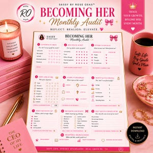 May include: A pink and gold planner with the text "Becoming Her Monthly Audit" and a candle, mug, and pen. The planner includes sections for self-assessment, goal setting, and reflection. The theme is self-improvement and personal growth.