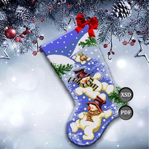 Cross Stitch Pattern: Christmas Stocking &quot;Jolly Snowmen on the Hill&quot; Instant Download (PDF + XSD)