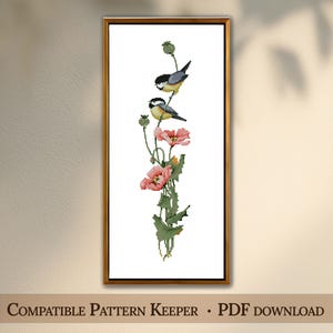 Puede incluir: Un patrón de punto de cruz con dos carboneros posados sobre tallos de flores de amapola rosas y vainas verdes. El diseño se presenta en un marco dorado rectangular sobre un fondo neutro. El texto en la parte inferior dice: COMPATIBLE PATTERN KEEPER • PDF download.