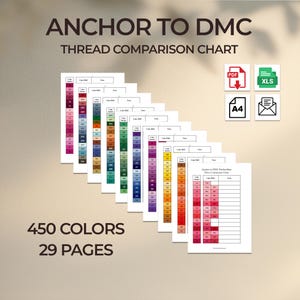 May include: An Anchor to DMC thread comparison chart featuring 450 colors across 29 pages. The document includes columns for color codes and names, with icons for PDF, XLS, A4 format, and email delivery. The text reads ANCHOR TO DMC THREAD COMPARISON CHART.