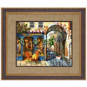 May include: Framed artwork depicting a Venetian street scene. The image features a blue cafe with the text "La Gensola", a red and yellow table, and an archway leading to a canal. The frame is brown and gold.