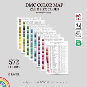 DMC-Farbpalette mit 572 Farben: RGB- und Hex-Codes | Druckbare PDF-Datei | Digitaler Download für alle Geräte. Digitale und Druckoptionen.