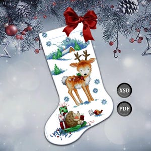 May include: White Christmas stocking with a cross-stitch design featuring a reindeer, hedgehog, and a snowy landscape. The stocking is adorned with a red bow at the top. Includes XSD and PDF icons.