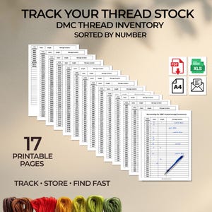DMC Thread Inventory Tracker, Floss Organizer, Cross Stitch Thread Log, Printable PDF, 17 Pages
