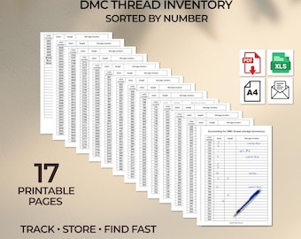 DMC Thread Inventory Tracker, Floss Organizer, Cross Stitch Thread Log, Printable PDF, 17 Pages