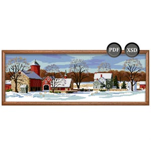 Puede incluir: Un punto de cruz enmarcado que representa una escena de granja invernal. La obra de arte presenta un granero rojo, casas y árboles cubiertos de nieve. El cielo es azul claro y el marco es marrón. La escena incluye ovejas y un pequeño cobertizo verde.