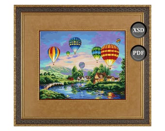 Patrón de punto de cruz: Paisaje luminoso "Resplandor de globos". Descarga instantánea (PDF + XSD).