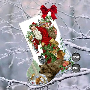 Cross stitch pattern: Christmas stocking &quot;Santa and the forest helpers&quot; (instant download) (PDF + XSD)