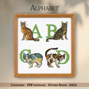 May include: Cross-stitch alphabet art featuring four cats with the letters A, B, C, and D in green. The cats are in various colors, including brown, black, and calico. The word "ALPHABET" is at the top, and "COMPATIBLE PDF DOWNLOAD PATTERN KEEPER SAGA" is at the bottom.