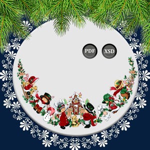 Może przedstawiać: Kolisty wzór o tematyce bożonarodzeniowej przedstawiający dzieci, piernikowy domek i świąteczne dekoracje. Wzór jest obramowany białym kwiatowym wzorem i zwieńczony gałązkami sosny. Obraz zawiera tekst "PDF" i "XSD".