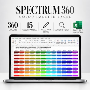 Könnte beinhalten: Ein Laptop-Bildschirm zeigt die Spectrum 360 Farbpalette in einer Excel-Tabelle mit 360 Farben in 15 Familien inklusive HEX-, RGB- und CMYK-Codes. Die Benutzeroberfläche enthält Such- und Filterwerkzeuge für digitale und Druckreferenzen.