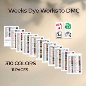 Alphabetical Weeks Dye Works to DMC Color Match Guide, Hand Dyed Floss Conversion Table, Digital Download PDF and XLSX