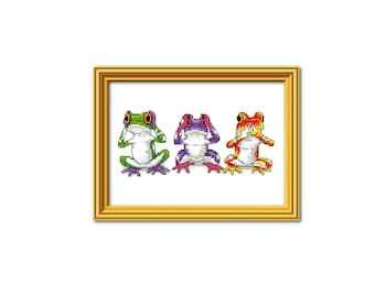 Funny Frog Cross Stitch Pattern – See No Evil Frogs (Printable PDF)