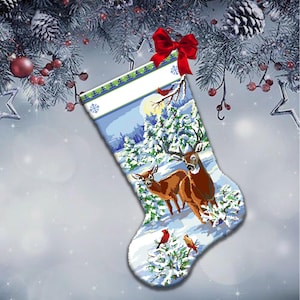 Christmas Stocking Cross Stitch Pattern - Reindeer in Snowy Forest