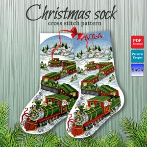 Santa's Express Christmas Stocking Cross Stitch Pattern | Holiday Wall Decor | PDF + Pattern Vault + SAGA