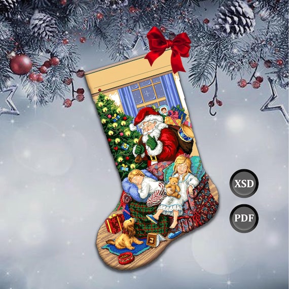 サンタの贈り物 クリスマスストッキング クロスステッチパターン (PDF