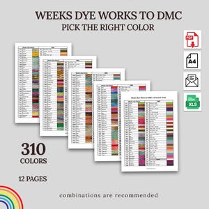 May include: A digital conversion chart titled WEEKS DYE WORKS TO DMC PICK THE RIGHT COLOR, featuring 310 colors across 12 pages. The document displays tables comparing thread color names and codes, with icons for PDF, A4, email, and XLS formats.