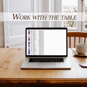 May include: A laptop displaying a spreadsheet sits on a wooden table. The text "WORK WITH THE TABLE" is displayed above the laptop. A ceramic mug and saucer are on the table, near a wooden chair and a window.