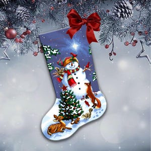Cross stitch pattern for a Christmas stocking with a snowman and fox. Instant pdf download