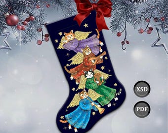 Cross stitch pattern: Christmas stocking "Cats angels" (instant download) (PDF + XSD)