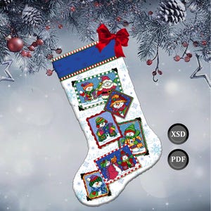 Cross stitch pattern: Christmas stocking &quot;Photos of snowmen&quot; (instant download) (PDF + XSD)