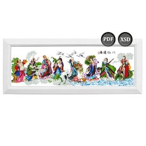May include: A framed cross-stitch artwork featuring eight figures in colorful traditional attire, set against a white background. The figures are depicted with cranes and other elements. The text "PDF" and "XSD" are in black circles.