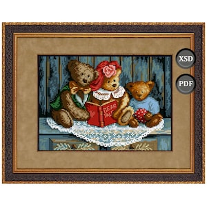 Cross-stitch pattern: Painting “Teddy Bears Reading a Book.” Instant download (PDF + XSD)
