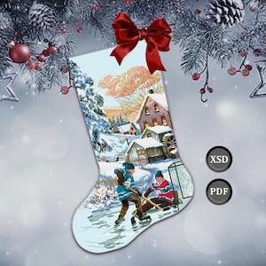 May include: A Christmas stocking featuring a winter village scene and two figures playing ice hockey. The stocking is adorned with a red bow and the text "XSD" and "PDF". The scene shows a snowy landscape with houses and trees.