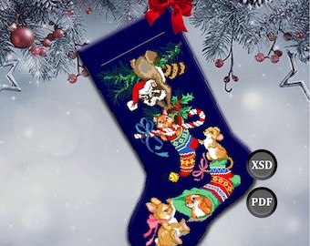 Cross-stitch pattern: Christmas Stocking "Playful Friends." Instant download (PDF + XSD)
