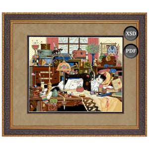 Cross stitch pattern: Cat and needlework. Instant download (PDF + XSD)
