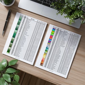 May include: Two white sheets of paper with color swatches and DMC color codes, names, and RGB values. One sheet features green hues, the other a rainbow of colors. A black pen and a laptop are visible in the background.