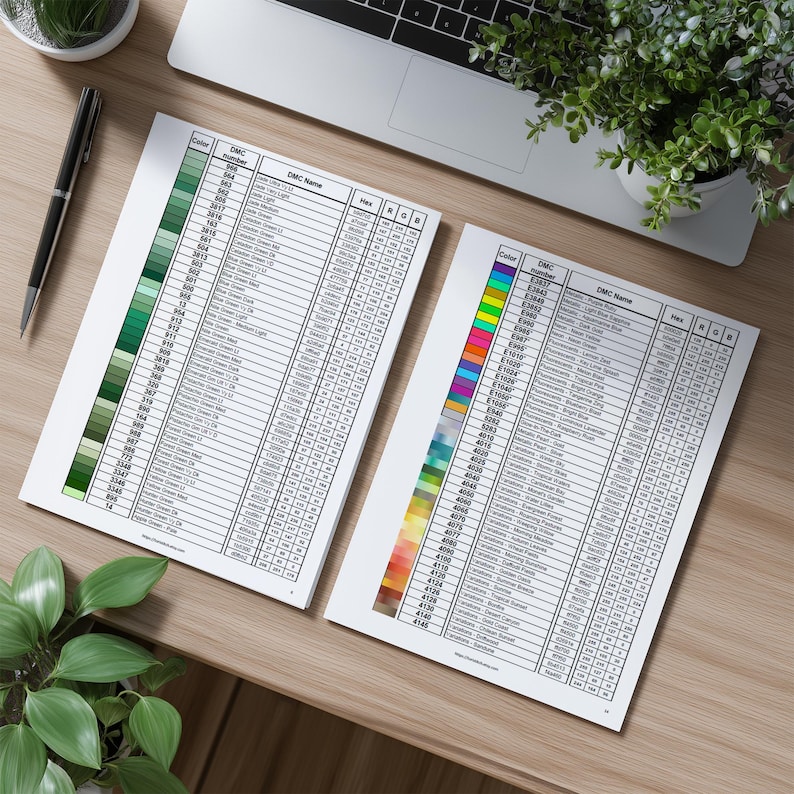 May include: Two white sheets of paper with color swatches and DMC color codes, names, and RGB values. One sheet features green hues, the other a rainbow of colors. A black pen and a laptop are visible in the background.