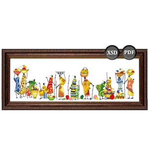 May include: Cross-stitch pattern depicting African women carrying baskets and vessels, framed in a dark brown wooden frame. The women are in colourful clothing with various patterns. The image includes the text "XSD" and "PDF".