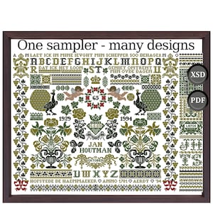 Puede incluir: Sampler de punto de cruz enmarcado con un marco de madera oscura. El diseño presenta varios motivos, incluyendo patrones florales, pájaros, querubines y letras. El texto "One sampler - many designs" está en la parte superior. La paleta de colores incluye tonos verdes, negros y rojos.