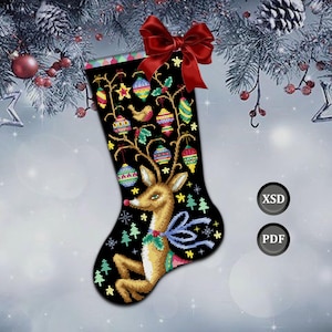 May include: Black Christmas stocking with a reindeer design and hanging ornaments. The stocking has a red bow at the top and is decorated with colorful cross-stitch details. The image also includes the text "XSD" and "PDF".