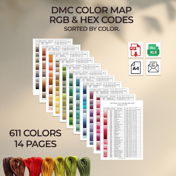 DMC Color Palette 611 colors: RGB and Hex Codes | Printable PDF | Digital Download for All Devices. Digital and Print Options