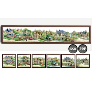 Op de afbeelding: Een ingelijste kruissteeklandschap met een dorpsscène met huizen, een brug en een rivier. Het kunstwerk bevindt zich in een donkerbruine lijst, met zes kleinere ingelijste afbeeldingen eronder. De afbeelding bevat de tekst "XSD" en "PDF".