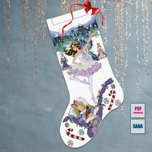 May include: White Christmas stocking with a cross-stitch design featuring a fairy ballerina, candy canes, and other festive elements. The stocking is decorated with a red ribbon, ideal for the holiday season.
