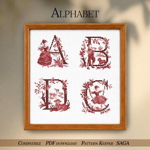 Può includere: Un ricamo a punto croce incorniciato con la parola "ALPHABET" in alto. Il ricamo mostra quattro lettere: A, B, D e C, ognuna progettata con figure ed elementi floreali in tonalità rosse. La cornice è di colore marrone caldo.