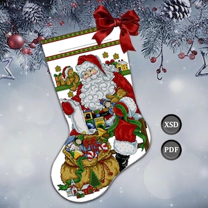 May include: A Christmas stocking featuring a cross-stitch design of Santa Claus holding a list and a sack of gifts. The stocking is white with a red and green border and a red bow at the top. The image also includes the text "XSD" and "PDF".