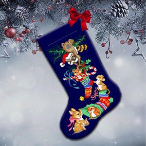 Christmas Stocking Cross Stitch Pattern - Woodland Animals Celebrating Christmas