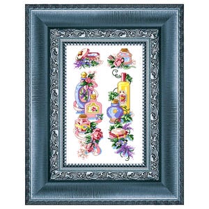 Vintage Perfume Floral Cross Stitch Pattern – Romantic Embroidery Design with Roses and Ivy